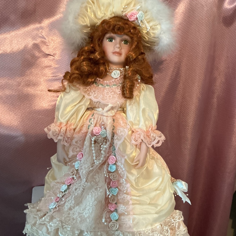 Charming Porcelain Doll with Cream and Pink Dress beautiful flowers
